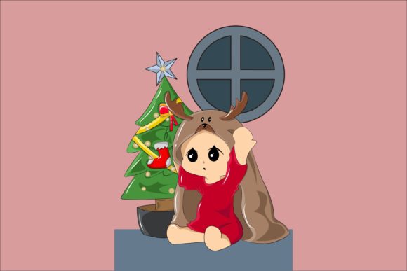 Baby with Reindeer Blanket on Christmas Illustration