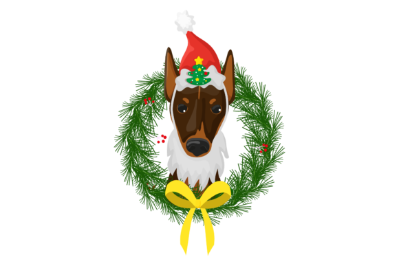 Christmas Branches Wreath with Dog Illustration