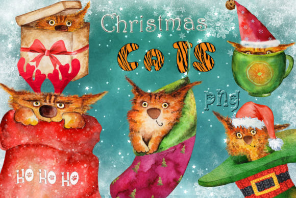 Christmas Cats Watercolor Illustration for Editorial Use