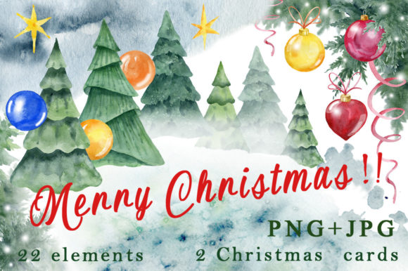 Christmas Trees Ornaments Greeting Cards Set Illustrations